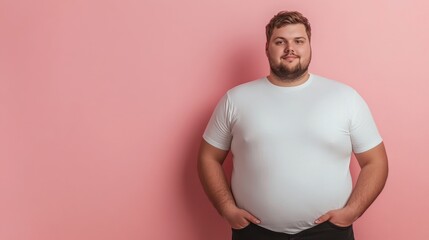 Wall Mural - Stylish portrait of a bearded man wearing a white T-shirt on a pink background. Also shown is a plus size male model with a charming smile.