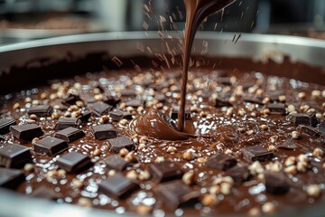 Melted Chocolate Being Poured onto Chocolate Pieces and White Chocolate Chips