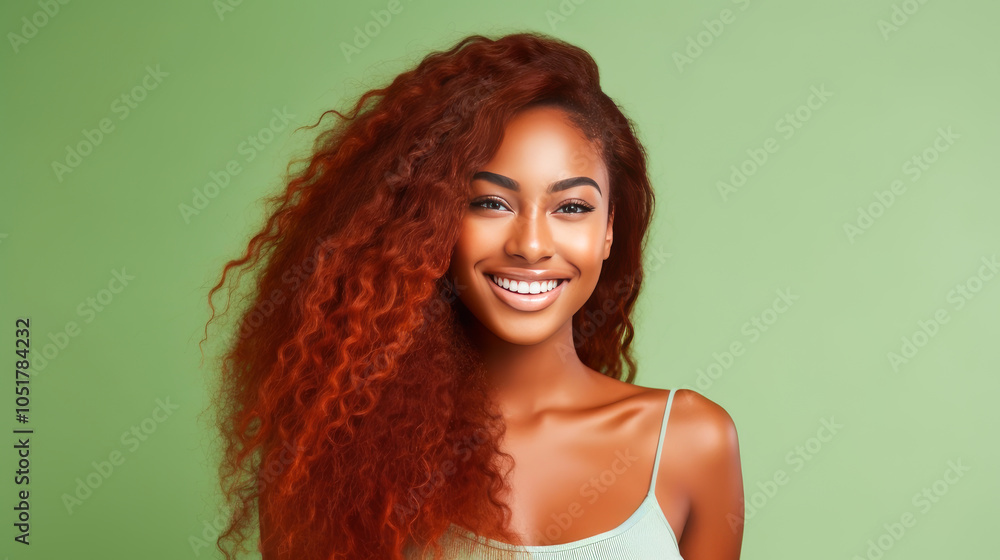 Portrait of smiling African American girl with long red hair green ...
