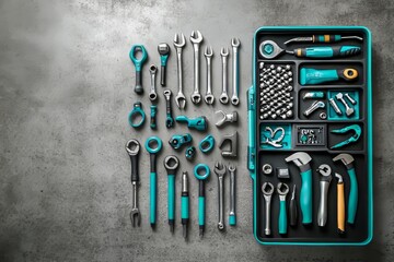 With text space, assorted hand tools are displayed on concrete background in top view