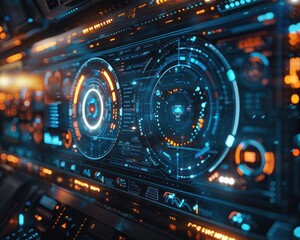 Wall Mural - a futuristic control panel featuring vibrant blue and orange graphical displays, showcasing advanced