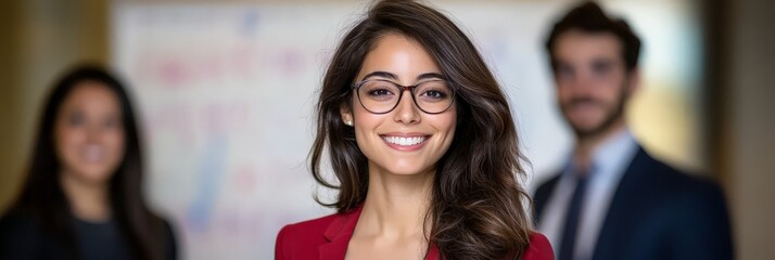 A confident woman in a red blazer smiles while two colleagues stand behind her, showcasing a professional environment.