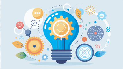 Wall Mural - An illustration of a blue light bulb with a yellow gear symbol inside symbolizes innovation and creativity. Surrounding icons suggest strategic concepts and problem-solving, with a light
