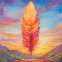 Wall Mural - A Single Feather Stands Tall Against a Vibrant Sunset Landscape.