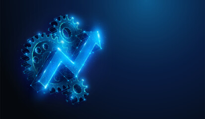 abstract illustration of low poly arrow up over cogwheels. blue geometric background depicting opera