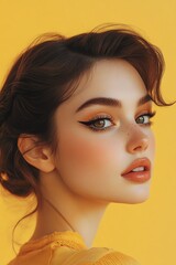 Wall Mural - Portrait of a woman with elegant makeup against a vibrant yellow background, showcasing beauty and style with a captivating gaze.