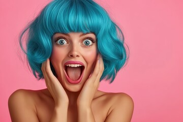 Sticker - Portrait of beautiful emotional woman in blue wig on pink background