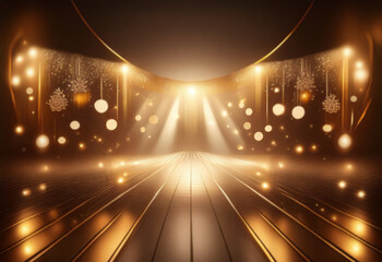 Poster - a dark room with a glowing golden stage and spotlights. the stage has a wooden floor with gleaming g