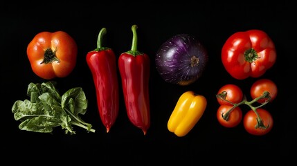 Wall Mural - A flat lay of fresh vegetables, including tomatoes, peppers, eggplant, and spinach, arranged on a black background.