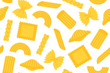 seamless pattern with different pasta types: penne; ravioli; farfalle; fusilli, conchiglie, rigatoni, - vector illustration