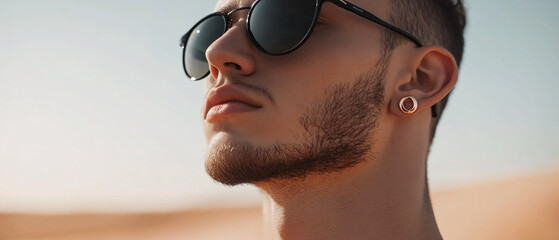 closeup portrait of a man with sunglasses and gold earring looking up in the desert, closeup portrai