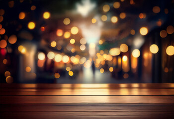 Poster - a wooden table with a blurred city street scene behind it. the scene is lit by warm, festive lights.