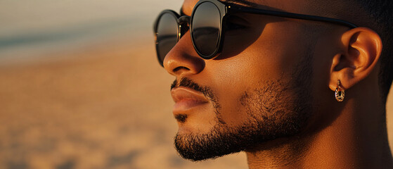 Closeup Portrait of a Man Wearing Sunglasses on a Beach