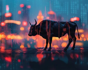 A silhouette of a bull stands against a vibrant city backdrop, blending themes of nature and technology with glowing lights and abstract data visuals.