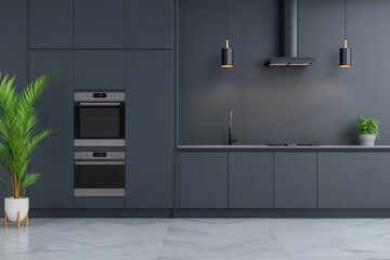 Modern Kitchen with Gray Cabinets and Black Countertop