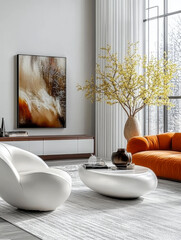 Minimalist interior design of modern living room.armchairs and vibrant orange sofa