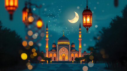 realistic ramadan background with mosque moon stars lantern and bokeh. generative ai.