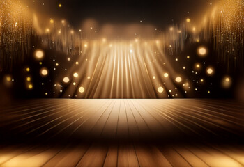 Poster - a stage with wooden floorboards illuminated by spotlights with a dark background.