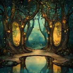 Wall Mural - Mystical Forest Gateway with Glowing Lights.