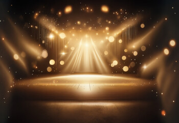 Poster - a stage illuminated with bright spotlights, creating a dramatic and celebratory atmosphere.