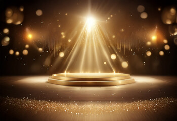 Wall Mural - a golden platform with a spotlight shining down, surrounded by bokeh lights.