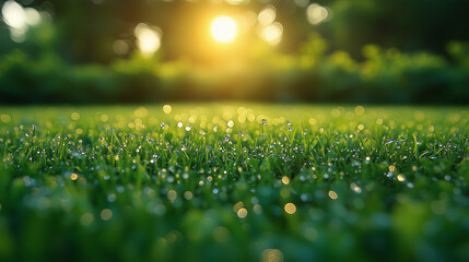 Green Natural Background with Grass, Bokeh, and Sun Glare - Banner with Copy Space for Design