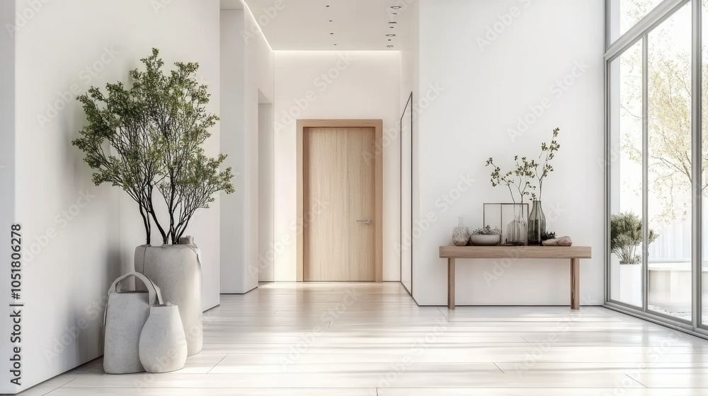 Bright interior design of modern entrance hall with door and wooden ...