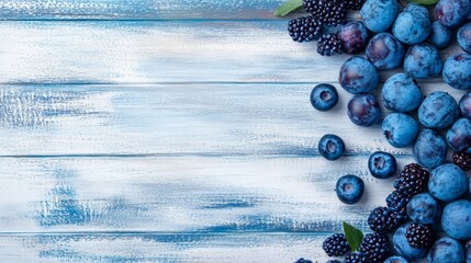 Wall Mural - Blueberries, blackberries, and plums scattered on a rustic blue wooden background.