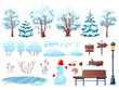 © YummyBuum - Winter nature and city park elements. Snowy trees and urban objects, snowman, frozen lake, wooden benches, signs with snowdrifts, landscape kit, vector cartoon flat isolated illustration set