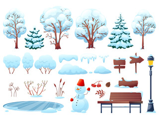 winter nature and city park elements. snowy trees and urban objects, snowman, frozen lake, wooden be
