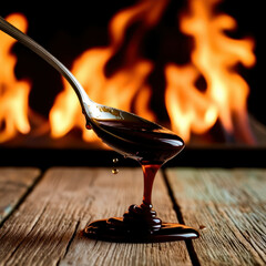 Wall Mural - A spoonful of chocolate sauce is poured onto a wooden table