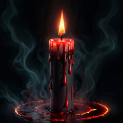 A black candle with a red flame burns, dripping melted wax onto a dark surface. Wispy blue smoke rises around it, creating an eerie atmosphere.