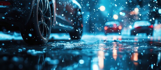 Snowy street scene with cars, reflections, and falling snowflakes