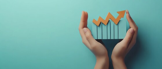 3D rendering of hands holding an upward graph with a prominent arrow on a bright blue background, symbolizing business growth and financial success