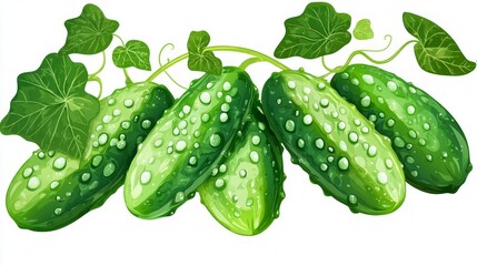 Wall Mural - Fresh green cucumbers with dew drops on a vine with leaves isolated on white.