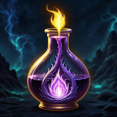 A glass bottle filled with a dark purple liquid, a bright yellow flame emerges from its top. Inside the liquid, a glowing purple flame with intricate tendrils floats, surrounded by a dark background w