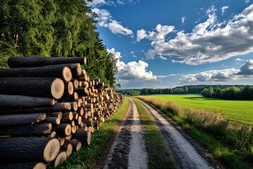 muddy forest road with many tree trunk piles, Liesbos, Breda, The Netherlands