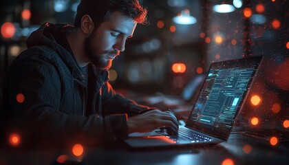 Cybersecurityfocused developer on laptop, bug detection interface surrounding, dark workspace, intense red and blue holographic icons, modern digital theme