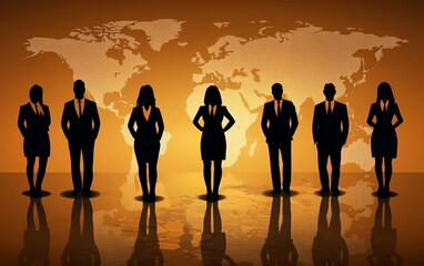 Group of diverse businesspeople silhouettes forming a connected network, with abstract global map in background, corporate style, high contrast, sleek and modern design