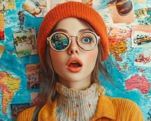 Surprised woman s portrait with a collage of travel icons depicting her dream journey, colorful design, engaging and cheerful atmosphere