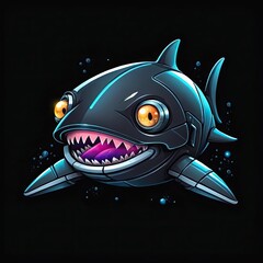 A robotic shark grins with a toothy smile against a black background