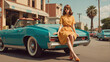 © ipolstock - Stylish Woman in Vintage Dress Posing on Classic Convertible Car in Retro 1960s Downtown. Vintage fashion, automotive nostalgia, or mid-century americana themes.