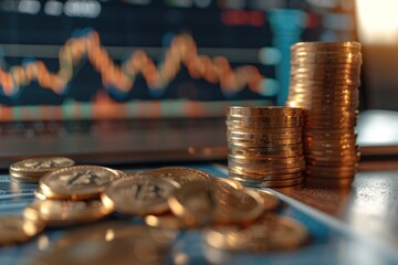 A close-up of stacked coins and scattered coins on a financial chart background, highlighting investment and economic growth themes.