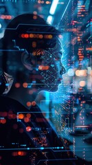 Wall Mural - a digital portrait of a woman with a data overlay, symbolizing technology, artificial intelligence, 