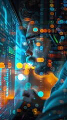 Wall Mural - a focused individual analyzes data on a screen, surrounded by vibrant, glowing visual elements, symb
