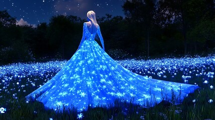 Wall Mural - Woman in a Glowing Blue Dress Stands in a Field of Flowers at Night.