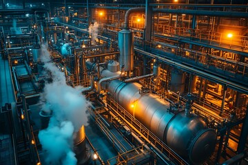 Industrial facility with pipes and machinery emitting steam.