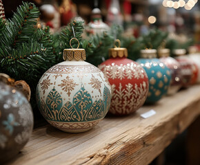 Festive christmas ornaments displayed on rustic wooden shelf for holiday decoration