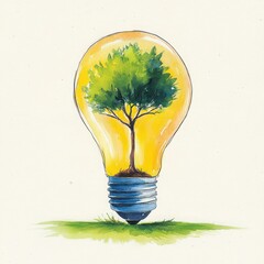 Green Energy Concept: Tree Growing in Energy-Efficient Bulb - Sustainable & Environmentally Friendly - AI-Generated Watercolor Web Banner