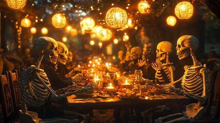 Skeletons enjoying a festive meal together under glowing lanterns